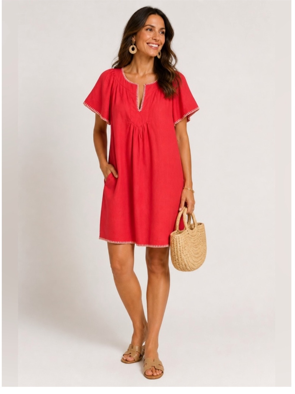 Magaschoni Tuckernuck | Women’s Coral ‘Poppy’ Linen Flutter Sleeve Dress